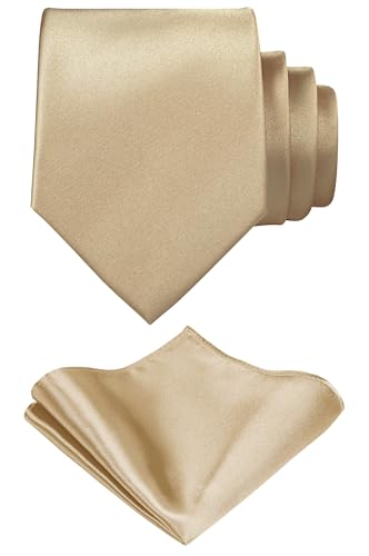 TIE G Solid Satin Woven dyed Color Formal Black Necktie and Pocket Square Sets in Gift Box...