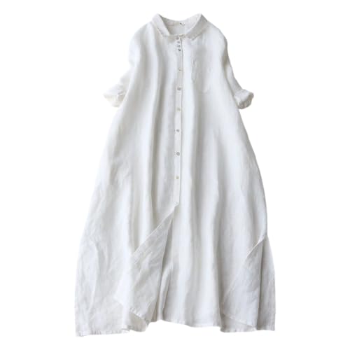 Vestido Midi Recto de Mujer, de algodón y Lino, Manga Corta, Blanco, Talla Grande.