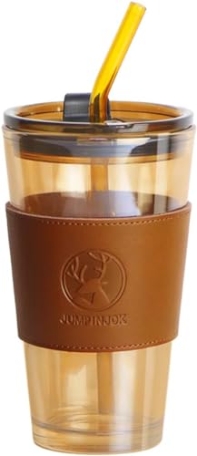Image of KHOLAD Reusable Glass Coffee Sipper Mugs with Lid & Straw Pack of 1, 400ml Multipurpose Drinking Glasses Tumbler with Brown Leather Sleeve Cup for Juice Smoothies Iced Tea Home & Travel (Brown)