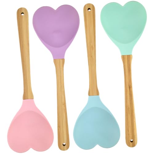 BRIGHTFUFU 4Pcs Heart Silicone Soup and Salad Spoons Convenient Kitchen Utensils for Mixing and Serving and Easy to Clean Kitchen Tools
