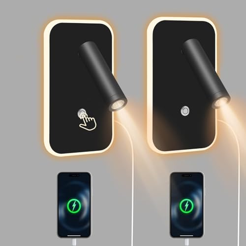 lampara cabecero cama 3W+9W 3000K, luz de lectura pared con Interruptor de Atenuación Continua y Puerto de carga USB, aplique mesa de cabecera Lámpara de Noche para Dormitorio Hotel(Negro, 2 piezas)