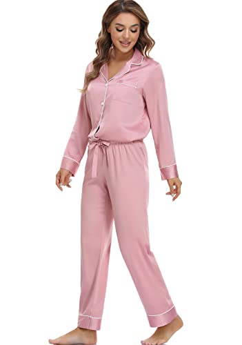Image of Serenedelicacy Women's Satin Pajama Set Long Sleeve Button Down Sleepwear 2-Piece Silky Pj Set