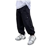 [veolaimy] 子供服 カーゴパンツ 男の子 防寒 防風 ロングパンツ キッズ ゆったり カジュアル ジョガーパンツ ジュニア ポケット付き おしゃれ 長ズボン ボーイズ ストレッチ ワイドパンツ キッズ 無地 シンプル 春 秋 冬 通学 通園 普段着(ブラック,160)