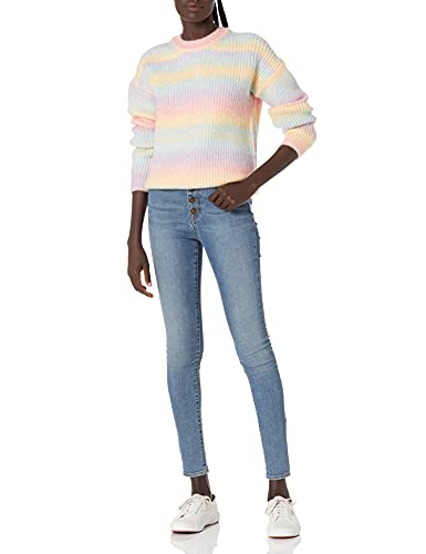 Image of Cable Stitch Women's Ombre Space-Dyed Crewneck Sweater - Long Sleeve Color Block Rainbow Striped Pullover Top