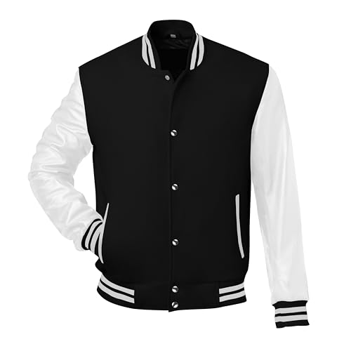 Image of Red And Black Letterman Jacket Men - Mens Black Varsity Letterman High School Baseball Bomber Jacket
