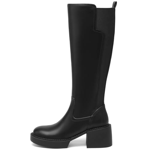 Women's Knee High Boots Chunky Block Heel Boots Stretch Calf Round Toe Side Zipper Platform Tall Boots Fall Comfort Long Boots2
