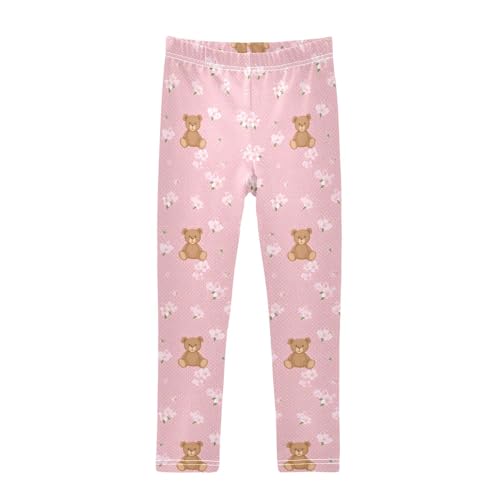 Cute Pink Bear Flower Girls Leggings Ultra Soft Compression Yoga Gym Pants for Kids 4-10T