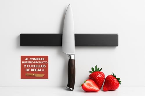 Barra Magnética para Cuchillo -MUY RESISTENTE- Soporte para cuchillos de cocina - iman cuchillos de cocina 30cm - REGALO 2 CUCHILLOS - sin taladrar, autoadesivo, incluye 2 tacos y 2 tornillos.