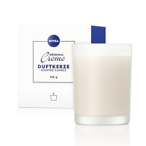 NIVEA Original Creme Duftkerze (120g), schöne Duftkerze im Glas mit der bekannten NIVEA Creme-Note, zart duftende Kerze im Milchglas-Behälter