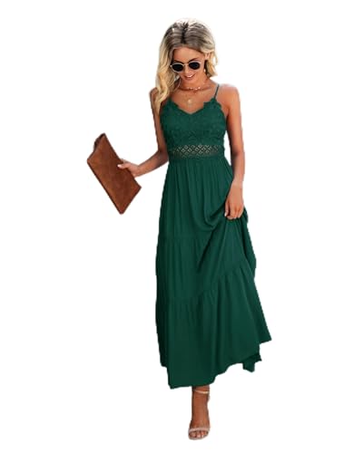Image of Dokuritu Women's Beach Crochet Lace Maxi Dress Solid Color Summer Vacation Wedding Guest Spaghetti Strap Long Dress