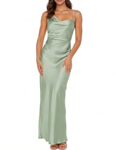 Image of Formal Satin Silk Spaghetti Strap Maxi Dresses for Women Wedding Guest