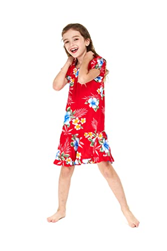 Girl Hawaiian Short Sleeve Simple Muumuu Ruffle Dress in Hibiscus Blue4