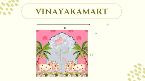 Image of laxmi Devi Backdrop Cloth | gomatha backdropss | pichwai Backdrop Cloth decorationss (8x8 FEET) Banana Tree 4 Cows | Cow Backdrop | pichwai Backdrop | varamahalakshmi backdrops