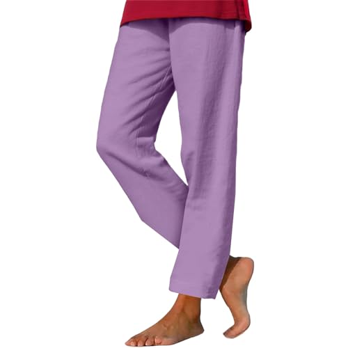 Pantalones Mujer Verano Verano Algodón Lino 7/8 Pantalon Casuales Cintura Elástica Pantalones Recortados con Bolsillos Baggy Pantalón