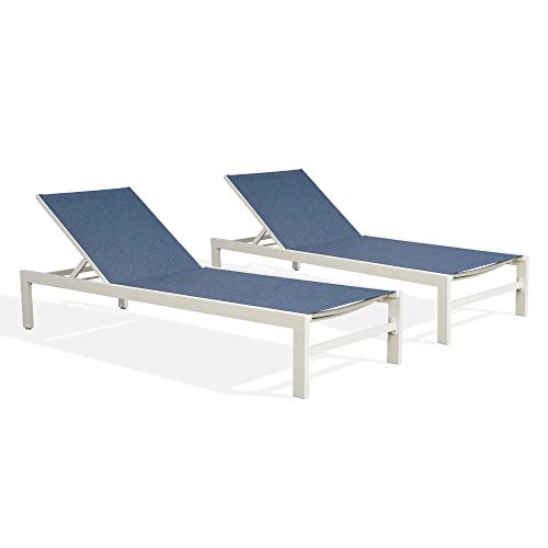 Iwicker 2 PCS Patio Aluminum Chaise Lounges Outdoor Weather-Resistant Textilene Mesh Sling Lounge Chairs with Adjustable Backrest and Wheels, Navy