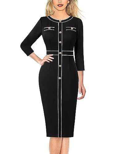 VFSHOW Womens Buttons Patchwork Work Business Office Party Bodycon Pencil Sheath Dress