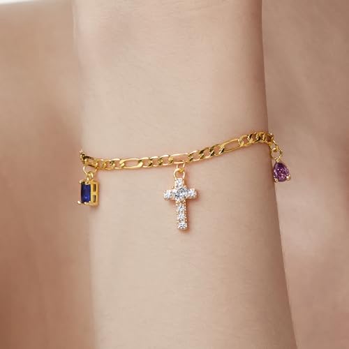 Cicy Bell 18K Gold Plated Link Bracelets for Women Cross Faith Heart Pear Round Rectangle Shape Cubic Zirconia Figaro Chain Bracelets Trendy Jewelry Gifts for Lover Mom Friends2
