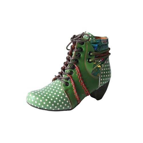 TMA EYES Women's Polka Dot Pattern Lace Up Ankle Boots With Thick Heels