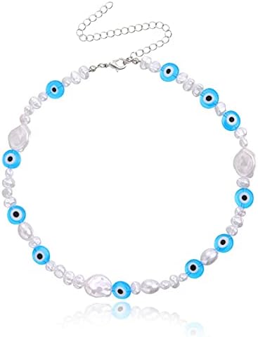 Pearl Evil Eyes Beaded Choker Necklace Adjustable Chain Necklace Bohemian Colorful Beads Handmade Chunky Summer for Women Jewelry Amulet Friendship Handmade Turkish Protect
