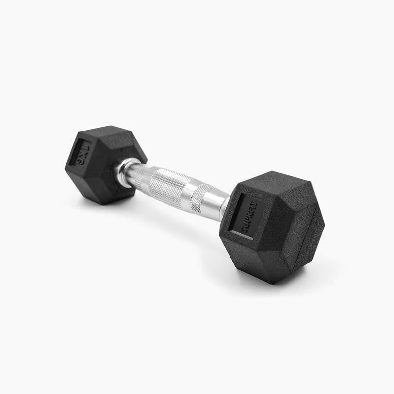 Suprfit Hex Rubber Dumbbell with Ergonomic Handle | Weight Rubber Coated | Bar | Bodybuilding Strongman Crossfit Powerlifting | Hexagonal | Black | 1 to 50 kg (1)
