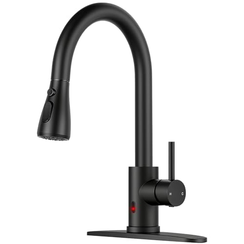 Image of Touchless Kitchen Faucet with Pull Down Sprayer - Matte Black Single Handle Kitchen Faucets, High Arc Stainless Steel Pull Out Kitchen Sink Faucet with Deck for RV Laundry Farmhouse Bar