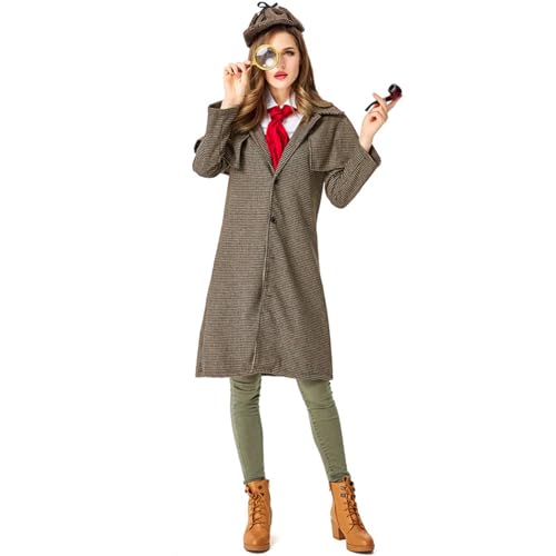Caxndycing Detektiv Kostüm Zubehör Set Damen 4 Stück Sherlock Holmes Accessoires mit Umhang Hut Brille und Lupe Detective Cosplay Requisiten für Halloween Fasching Party