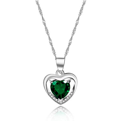 Uloveido White Gold Plated Green CZ Double Heart Pendant Necklace Valentines Birthday Jewelry Gifts for Women Teen Girls (Green)