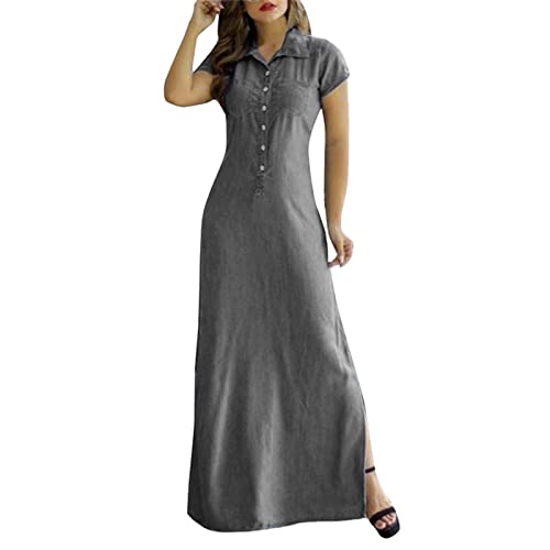 Women's Plain Button Placket Short Sleeve Pocket Long Shirt Collar Slit Swing Skirt Solid Button Short Sleeve Pocket Long Shirt Collar Split Large Swing Dress Denim Dress Sporty Dresses, gray, S Women's Plain Button Placket Short Sleeve Pocket Long Shirt Collar Slit Swing Skirt Solid Button Short Sleeve Pocket Long Shirt Collar Split Large Swing Dress Denim Dress Sporty Dresses, gray, S