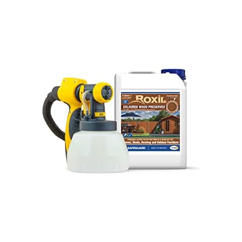 Roxil Wood Stain Preserver (5L with Wagner Electric Sprayer) - Fast Drying Satin Finish for Fence, Shed, Furniture. 5 Year Protection Indoor & Outdoor (Autumn Gold) Cover