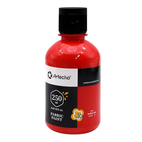 Artecho Rot Textilfarbe waschmaschinenfest waschfeste Stoffmalfarben (250ml) in Flaschen mit Pinseln Vorlagen wasserfeste Stofffarben für Kinder auf T-Shirt Schuhe Jeans Tasche Kleidung