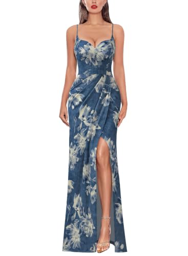 Image of VFSHOW Womens Sexy Spaghetti Strap Formal Prom Evening Gala Long Maxi Dress | Ruched Hight Slit, Sweetheart, Cocktail Wedding Guest Fitted Bodycon Gown