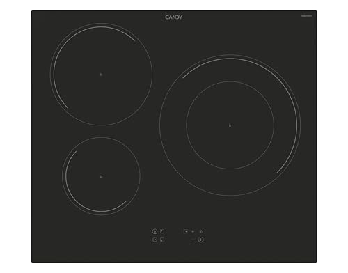 Candy CI633C/E1, Placa Inducción, 3 Zonas, 60CM, 9 Niveles de Potencia, 7,2KW, Mandos Centrales, Temporizador, Bloqueo de Seguridad, Indicador de Calor, Alerta Sobrecalentamiento y Derrames, Negro
