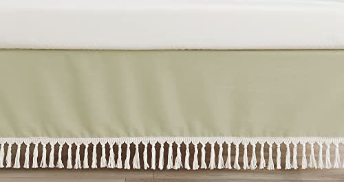 Image of Sweet Jojo Designs Solid Sage Green Girl Baby Crib Skirt Bed Dust Ruffle Bedskirt Nursery Off White Tassel for Watercolor Boho Floral Garden Flower Bohemian Farmhouse Vintage Shabby Chic Beige Nature
