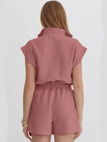 Image of Rompers for Women Summer Short Sleeve Half Zip Lapel Collar Jumpsuit Casual Drawstring One Piece Outfits with Pockets