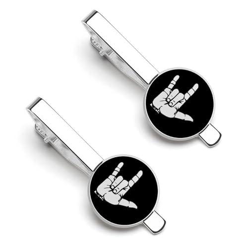 ASL American Sign Language I Love You Tie Clips for Men Silver Necktie Tie Bar Pinch Clips for Wedding Anniversary Business