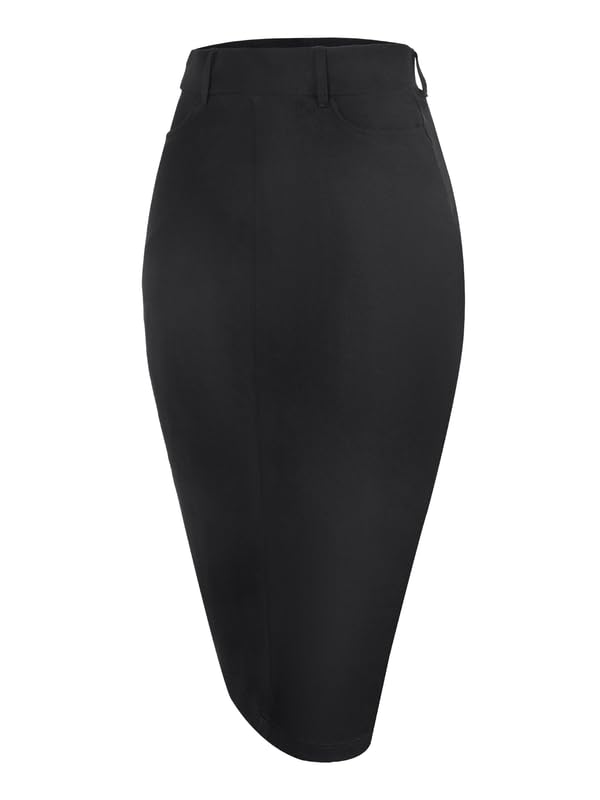 Houmous Women's Cotton Work Pencil Skirt Stretch Office Midi Below Knee Bodycon Belt Loops Back Slit Pockets