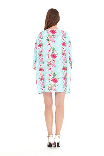 Matchable Hawaiian Luau Mother Daughter Women Kimono Dress or Girl Halter Dress in Pink Turquoise Hibiscus Vine4