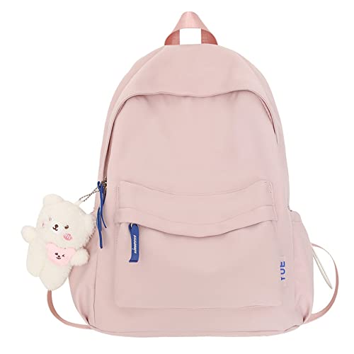Sac d'école simple couleur unie sac à dos d'étudiant sac à dos en toile sac à dos d'ordinateur de voyage grande capacité, Rose avec pendentif, 11.4x5.1x16.1in, Sacs à dos traditionnels Cover