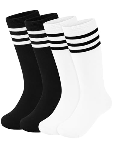 2 Pairs Kids Soccer Socks Toddler Girls Knee High Socks Uniform Sock Three Stripes for Boys Girls