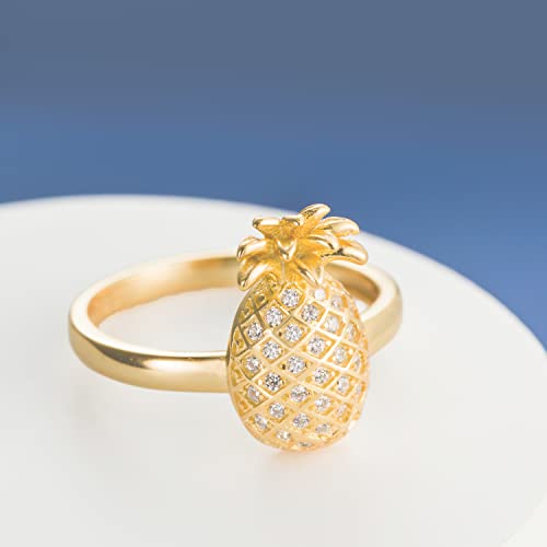 Aloha Jewelry Company 18K Gold Plated 925 Sterling Silver Hawaiian Pineapple Fruit Plant Ring Stackable Wedding Band with Cubic Zirconia, Yellow-Gold, Nickel Free Hypoallergenic for Sensitive Skin2