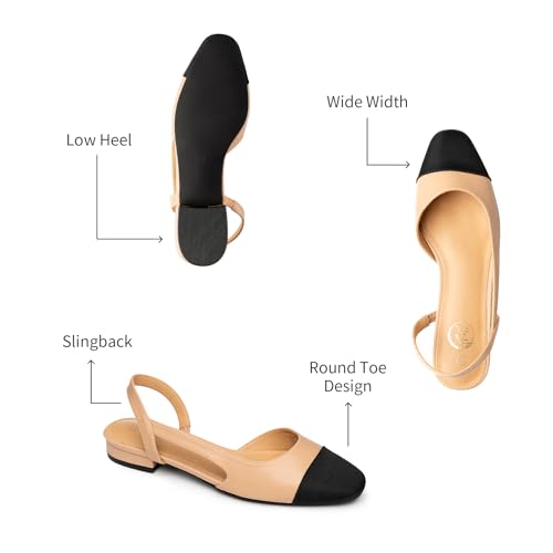 Image of Trary Slingback Flats for Women, Black Dressy Comfortable Round Square Toe Shoes, Work Office Casual Ankle Strap Dress Flats