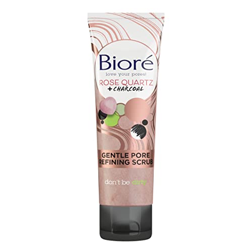 Bioré Rose Quartz + Charcoal Gentle Pore Refining Scrub, Pore Minimizing Facial Scrub, 4 Ounce, Oil Free, Dermatologist Tested, Non-Comedogenic, Cruelty Free, Vegan Friendly
