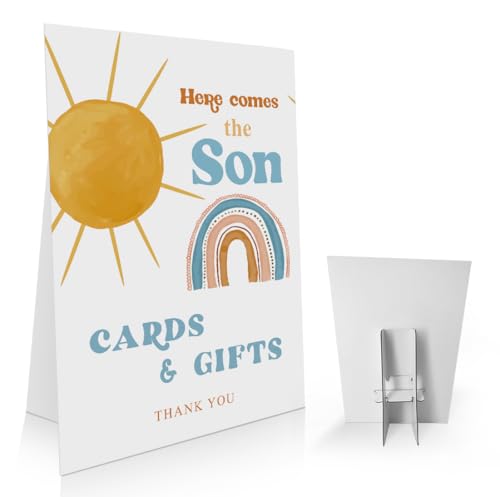 OXEDP Here Comes the Son Baby Shower Sign 8 x 11 Inch, Cards and Gifts Sign, Sunshine Baby Shower Sign with Stand, Boy Baby Shower Decorations-BBLP08