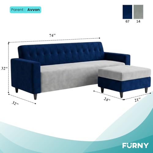 Image of FURNY Luxe 4 Seater L Shape Sofa Set with Movable Ottoman | Flexible Left or Right Layout | Plush Velvet Fabric (Dark Blue-Light Grey) | Perfect for Living Room, Guest Room & Office