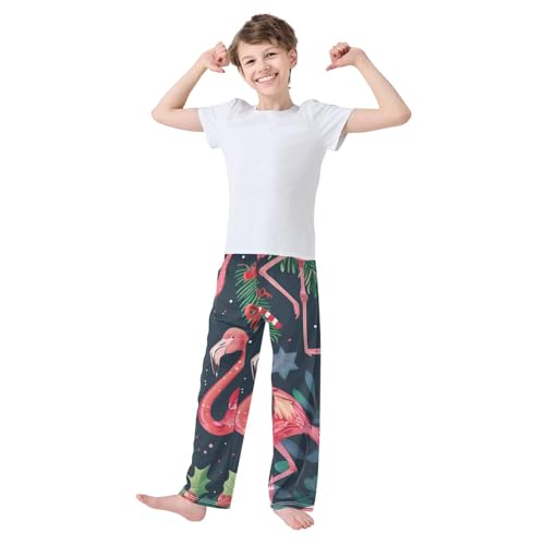 Flamingo Pine Branch Boys Long Pants Soft Trousers Elastic Waist Kids Lounge Bottoms with Pockets S-XL2