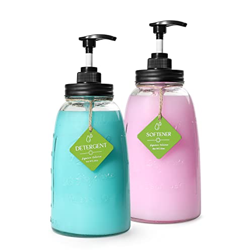 HOMKO Glass Laundry Detergent Dispenser, Laundry Soap Dispenser for Laundry Room, 2PCS 50oz Mason Jar with Pump for Fabric Softener