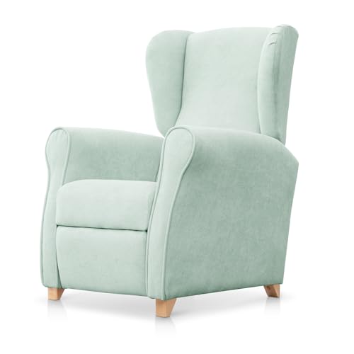 SUENOSZZZ-ESPECIALISTAS DEL DESCANSO Sillón Relax orejero Irene reclinable con Patas de Madera, Relax nórdico tapizado en Tela Antimanchas Verde Agua