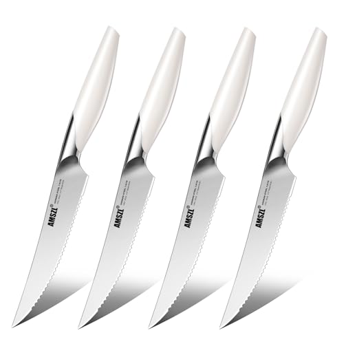 AMSZL Steak Knives Set of 4, Comfortable Dinner Knife with Sharp Serrated, German High Carbon Steel, Perfect cutting steak/Meat/Potato/Broccoli, Gift Box, Cream White