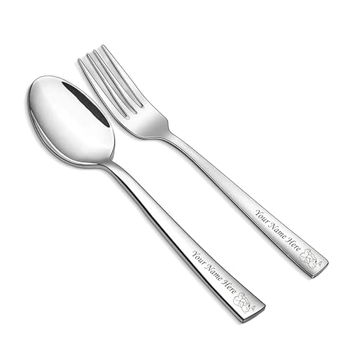 Image of SAVRI Personalized Stainless Steel Spoon & Fork Set with Name & Character Engraved. Your Kids Favorite Design. Ideal for Kids Lunch Box, Tiffin, Office, Return Gift, Birthday, Corporate Gifts.