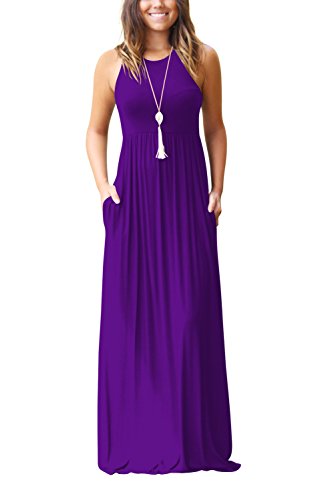 Minetom Maxikleider Damen Sommerkleid Casual Lange Kleider mit Taschen Rundhals T-Shirt Kleid Abendkleider Cocktailkleid 02 Violett DE 38